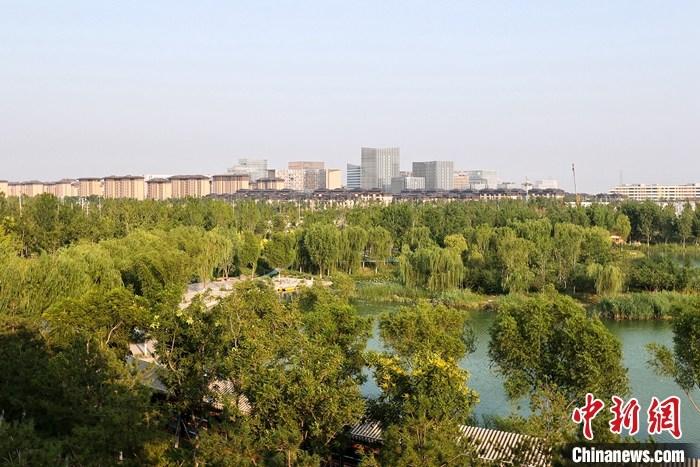 從完成頂層設(shè)計到如火如荼大規(guī)模建設(shè)，六年來，雄安新區(qū)如春天的竹子一般拔節(jié)生長，這座承載千年大計的“未來之城”已雄姿初顯。從“一張白紙”開始著墨，如今的雄安新區(qū)已是濃墨重彩的“山水畫”。<a target='_blank' href='/'>中新社</a>記者近日走訪了雄安新區(qū)多地，從“藍綠金”三色感受這座“未來之城”的巨大變化。圖為7月18日拍攝的河北雄安新區(qū)金湖公園。 <a target='_blank' href='/'>中新社</a>記者 易海菲 攝